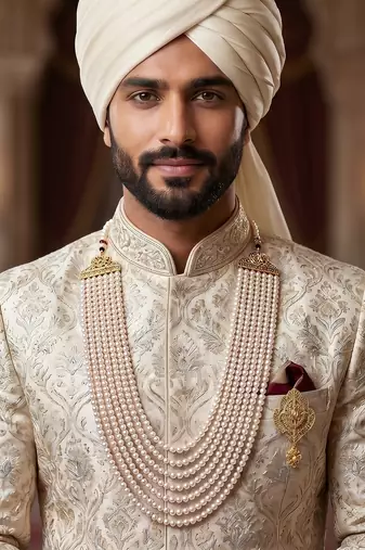   groom sherwani necklace layered moti mala for wedding | groom mala with brooch set