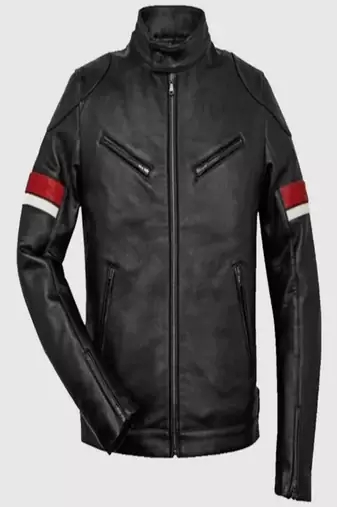 Biker style black lambskin leather jacket red white stripes style fastion