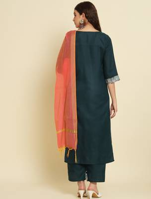 teal fancy silk blend kurta set 4