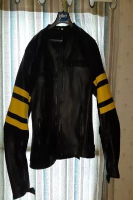 Men's black with yellow stripes lambskin leather jacket detail style fastion 1