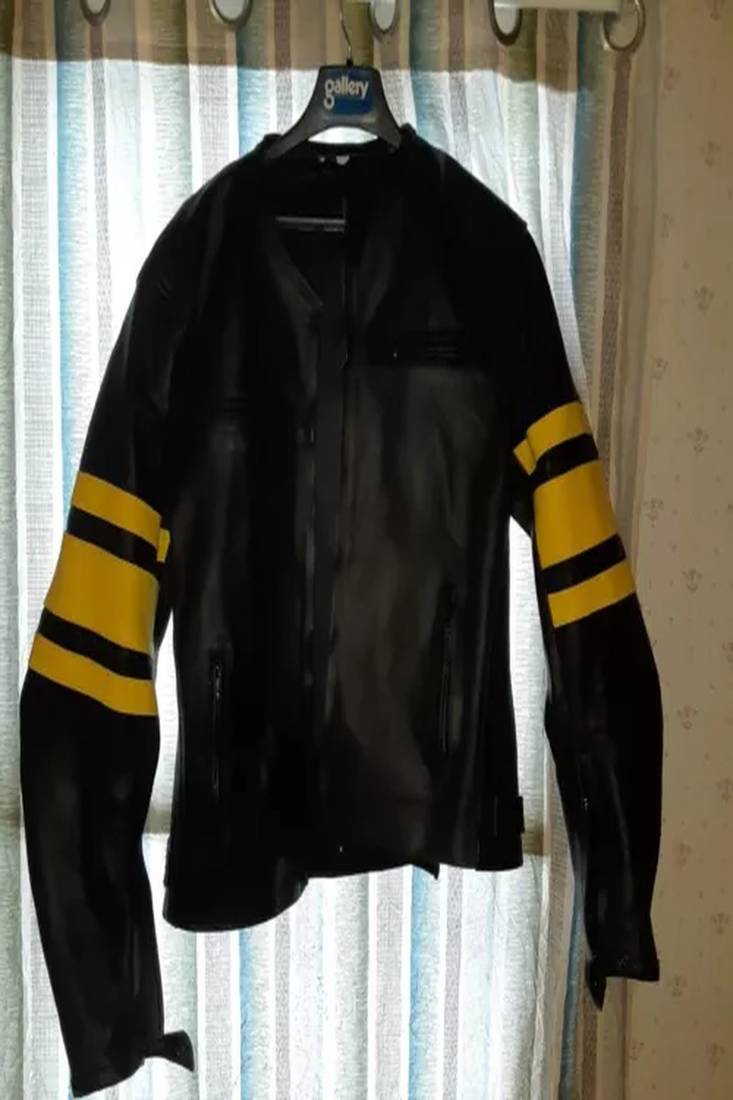 Men's black with yellow stripes lambskin leather jacket detail style fastion