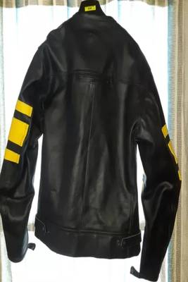 Men's black with yellow stripes lambskin leather jacket detail style fastion 2