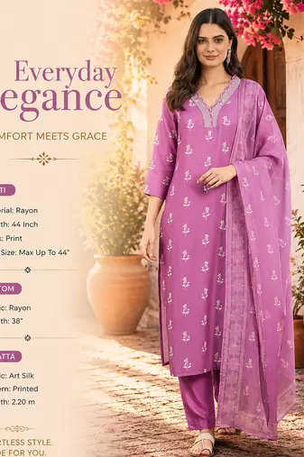 Women's purple rayon printed with straight kurta set with pant & dupatta