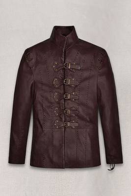 Men's black genuine lambskin leather jacket- belt chest lace style 1
