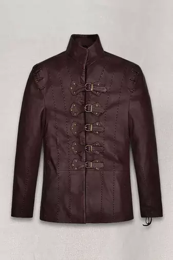 Men's black genuine lambskin leather jacket- belt chest lace style