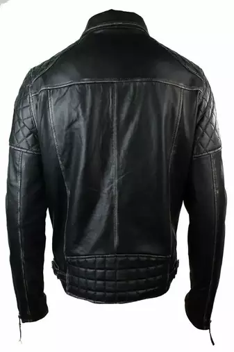 Men's  genuine lambskin leather jacket-black shoulder quilted moto jacket