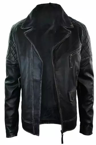 Men's  genuine lambskin leather jacket-black shoulder quilted moto jacket