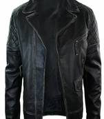 Men's  genuine lambskin leather jacket-black shoulder quilted moto jacket