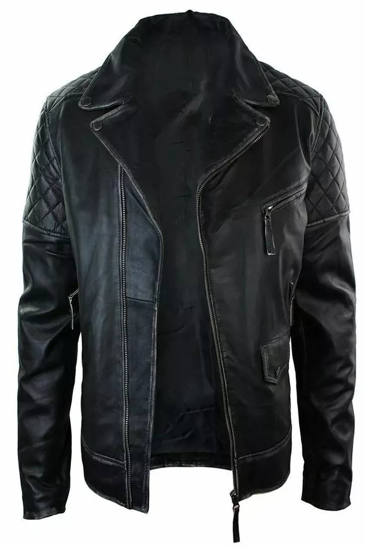 Men's  genuine lambskin leather jacket-black shoulder quilted moto jacket