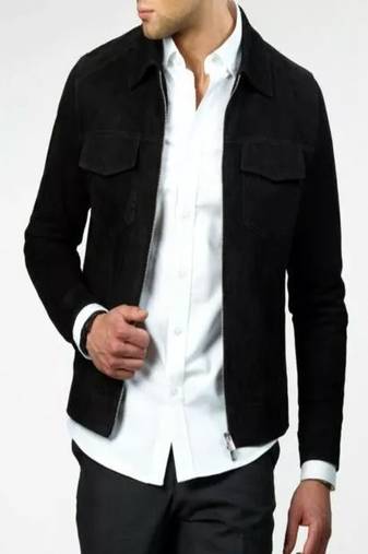 Men's black suede genuine lambskin leather jacket -plain design
