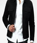Men's black suede genuine lambskin leather jacket -plain design
