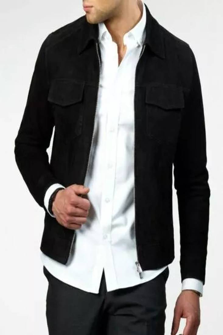Men's black suede genuine lambskin leather jacket -plain design