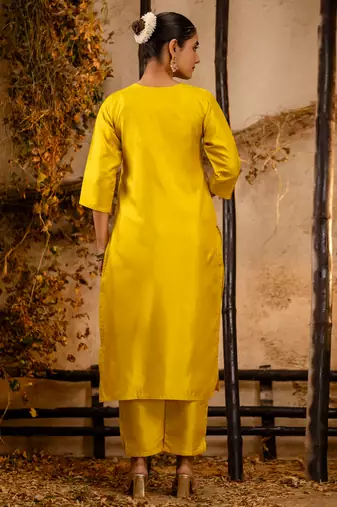 yellow fancy silk blend kurta set