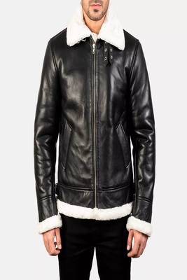 Biker style black lambskin leather jacket furr collar 1