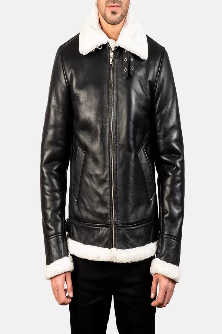 Biker style black lambskin leather jacket furr collar