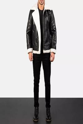 Biker style black lambskin leather jacket furr collar 4