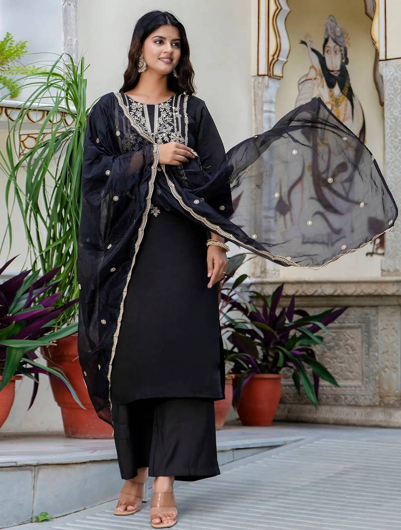 black fancy silk blend kurta set
