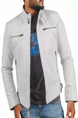 Men's white lambskin leather jacket-4 zip collar moto jacket 1