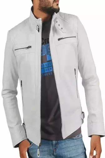 Men's white lambskin leather jacket-4 zip collar moto jacket