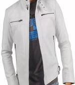 Men's white lambskin leather jacket-4 zip collar moto jacket
