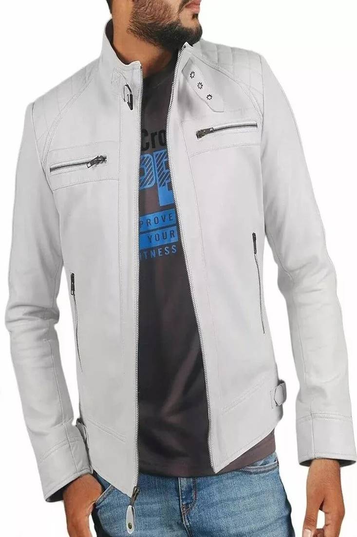 Men's white lambskin leather jacket-4 zip collar moto jacket