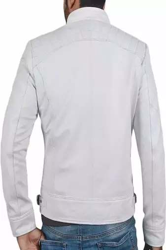 Men's white lambskin leather jacket-4 zip collar moto jacket