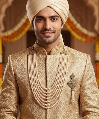   groom sherwani necklace layered moti mala for wedding | groom mala with brooch set 6