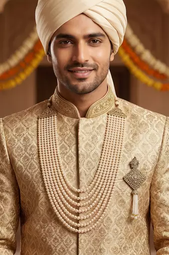   groom sherwani necklace layered moti mala for wedding | groom mala with brooch set