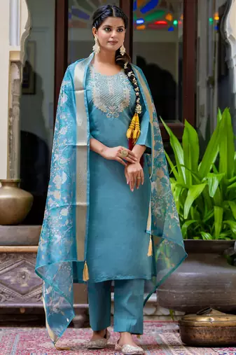 blue fancy silk blend kurta set