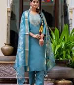 blue fancy silk blend kurta set
