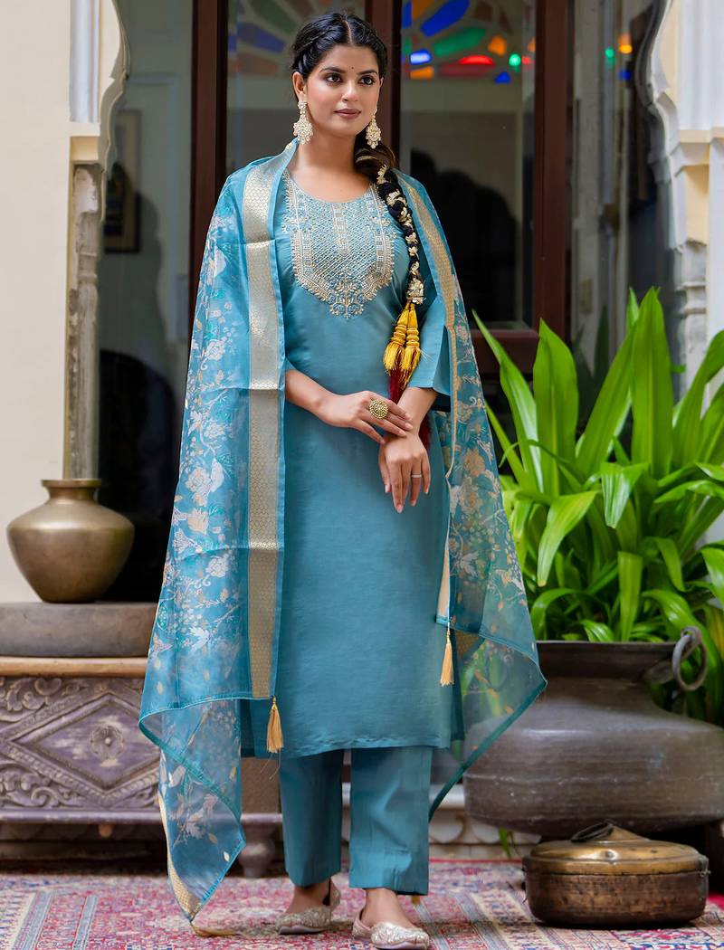 blue fancy silk blend kurta set