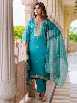 blue fancy silk blend kurta set 1