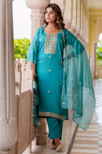 blue fancy silk blend kurta set