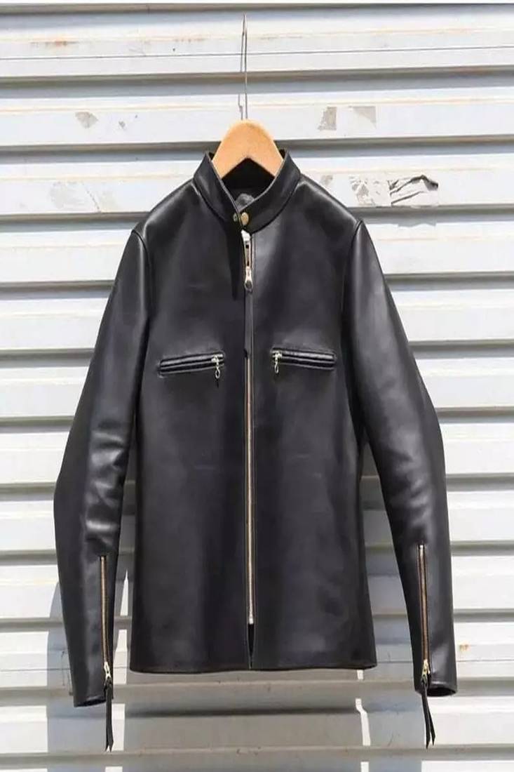Men's lambskin leather jacket biker black zipper -café racer