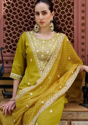 yellow fancy silk blend kurta set 4
