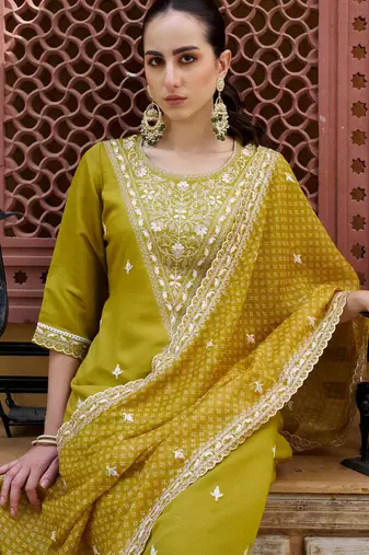 yellow fancy silk blend kurta set