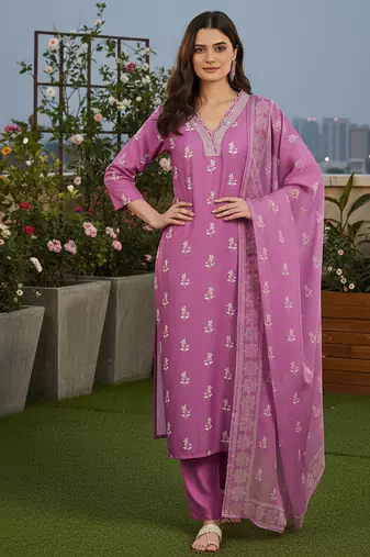 Women's purple rayon printed with straight kurta set with pant & dupatta