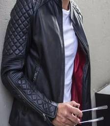 Black genuine lambskin leather jacket-quilted shoulder hand fashion style