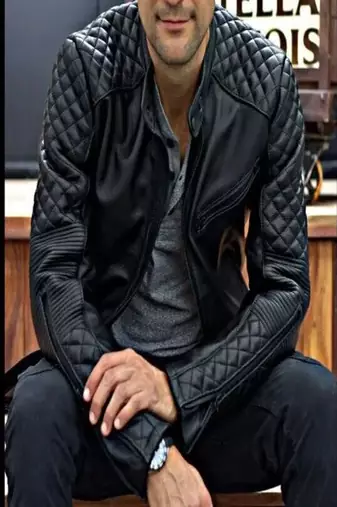 Black genuine lambskin leather jacket-quilted shoulder hand fashion style