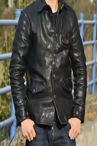 Black genuine lambskin leather jacket spread collar button jacket
