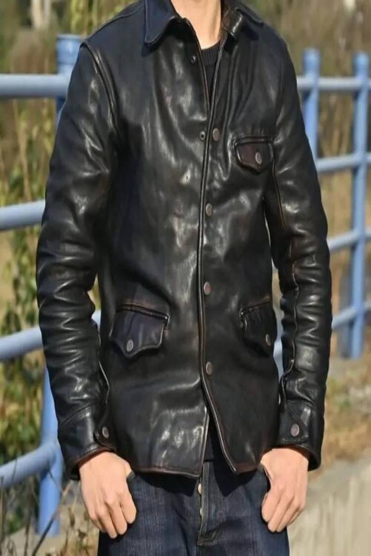 Black genuine lambskin leather jacket spread collar button jacket