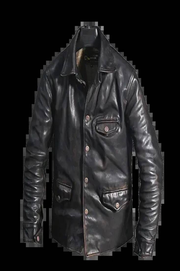 Black genuine lambskin leather jacket 3 pocket spread collar button jacket
