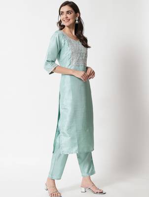 sky-blue fancy silk blend kurta set 4