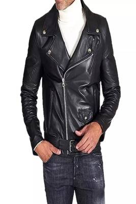 Men's black biker genuine lambskin leather moto jacket 1