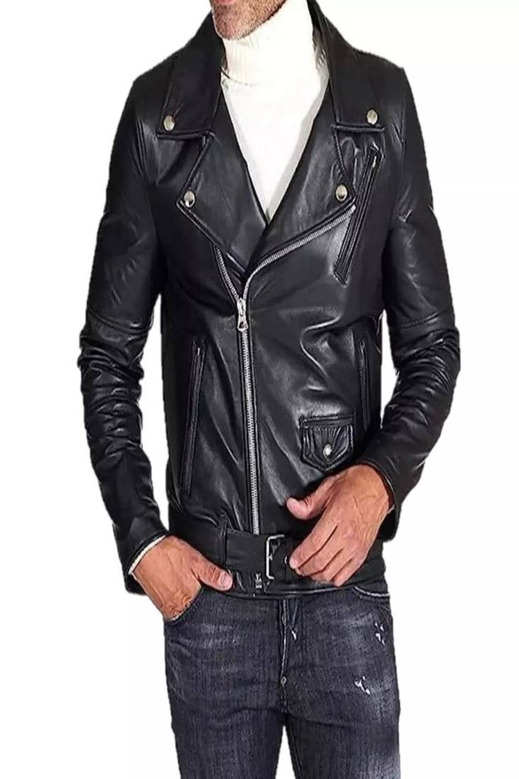 Men's black biker genuine lambskin leather moto jacket