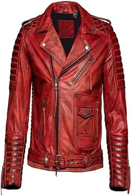 Men's quilted shoulder genuine leather jacket red rub off pattern 1