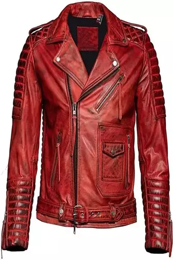 Men's quilted shoulder genuine leather jacket red rub off pattern