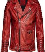 Men's quilted shoulder genuine leather jacket red rub off pattern