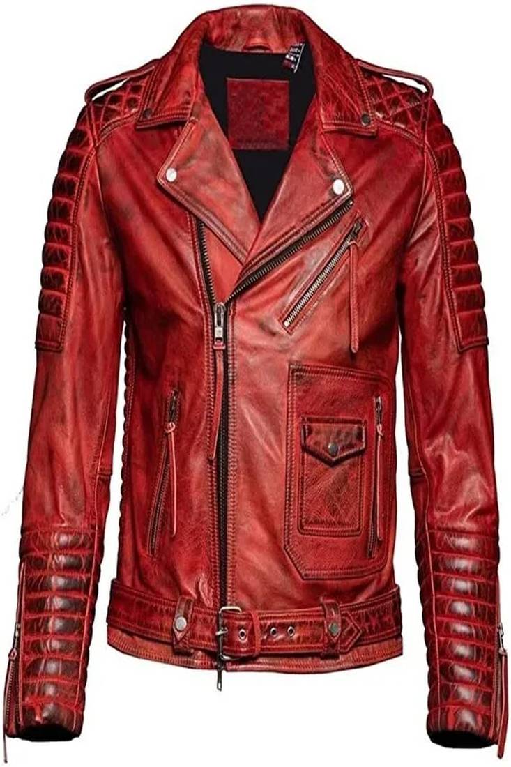 Men's quilted shoulder genuine leather jacket red rub off pattern