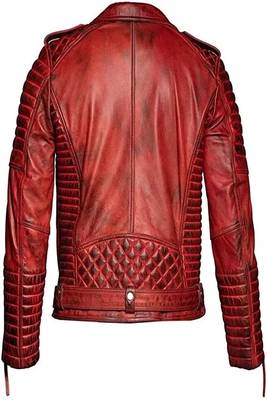 Men's quilted shoulder genuine leather jacket red rub off pattern 2